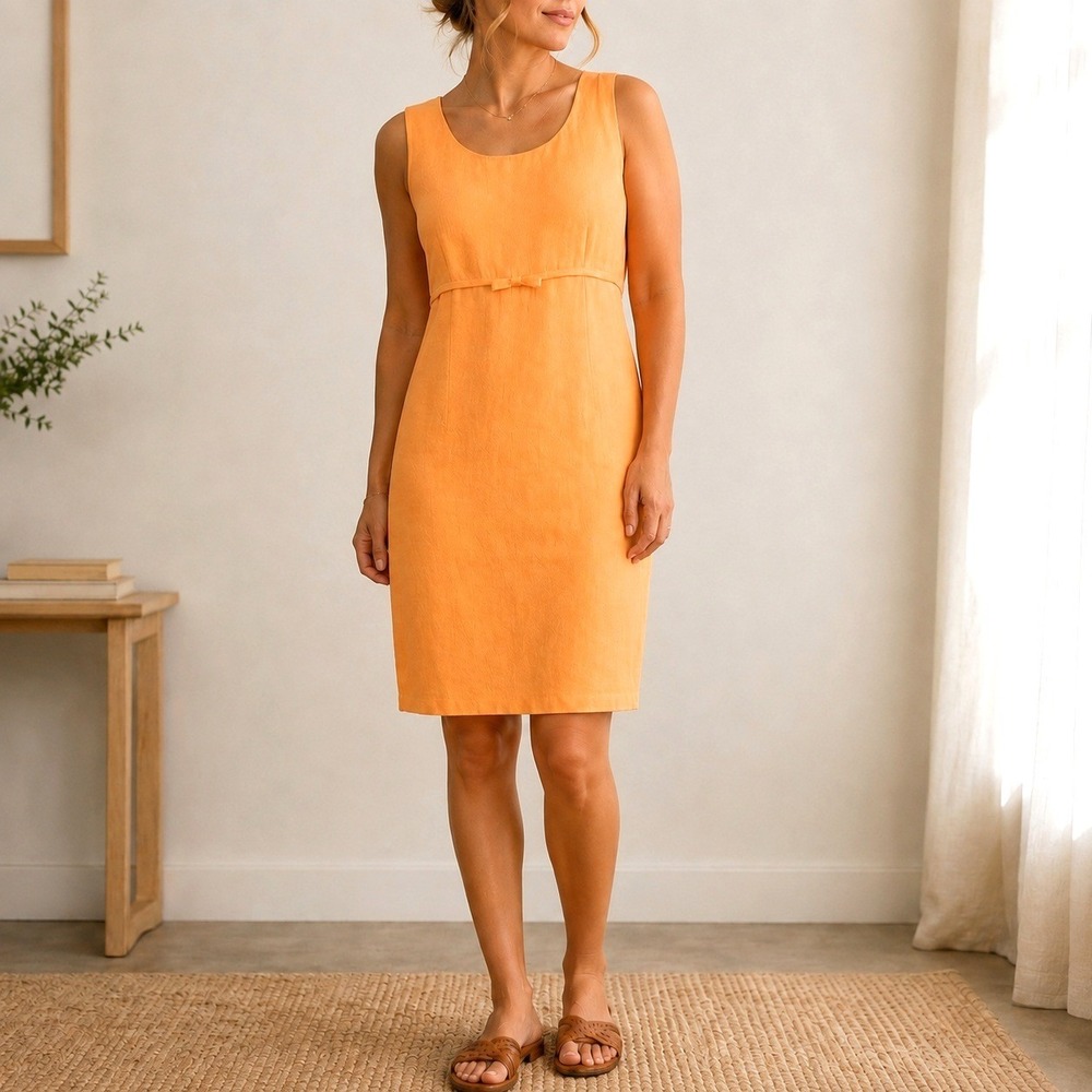 VTG Linen Blend Sheath Dress Orange Empire Waist Bow 10P 90s Preppy